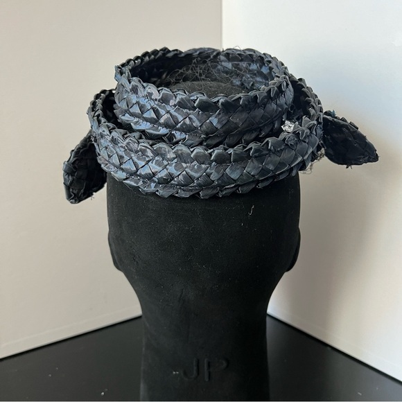 Vintage Retro Toni Leslie Braided Black Ladies Hat with Bow and Face Netting - Picture 6 of 12